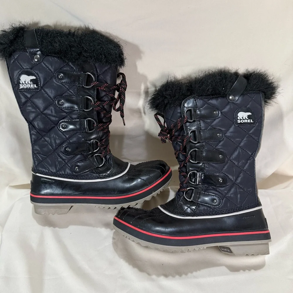 Sorel Tofino Cate Boots Sz 7 Black Faux Fur Waterproof Winter Après Ski Gorpcore